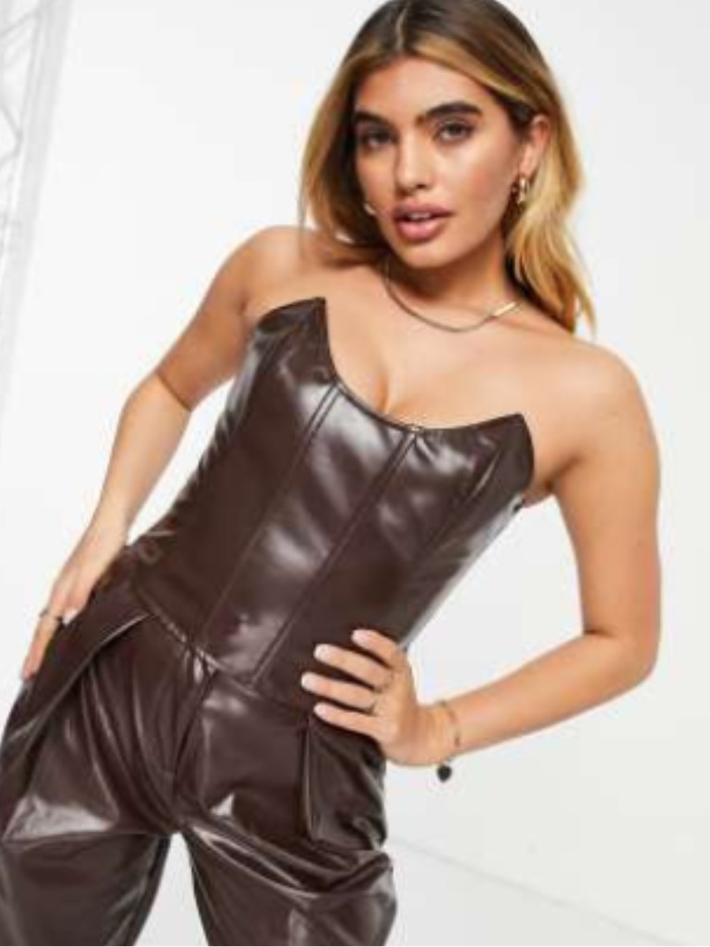 Aria Cove Leather Corset Set in Chocolate